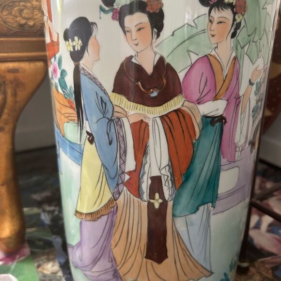 Vintage Porcelain Hand-Painted Vase/Umbrella Stand Geisha & Flowers 18”x8.5” - Picture 2 of 16